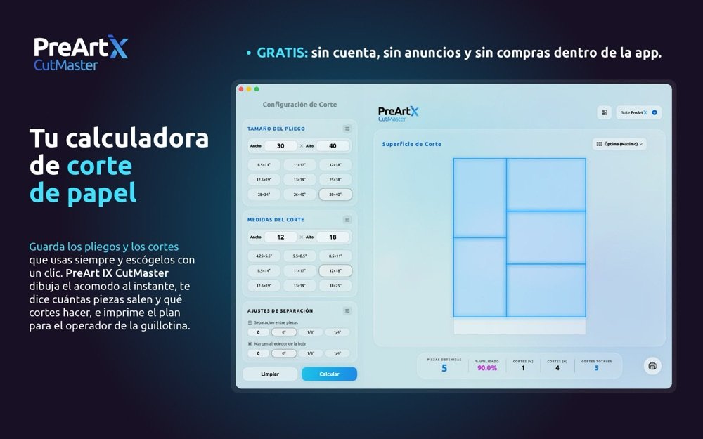 Pantalla de PreArt IX CutMaster en Mac